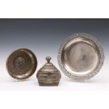 Turkey, silver alloy large dish, a bowl and a lidded box, 19th century and later.