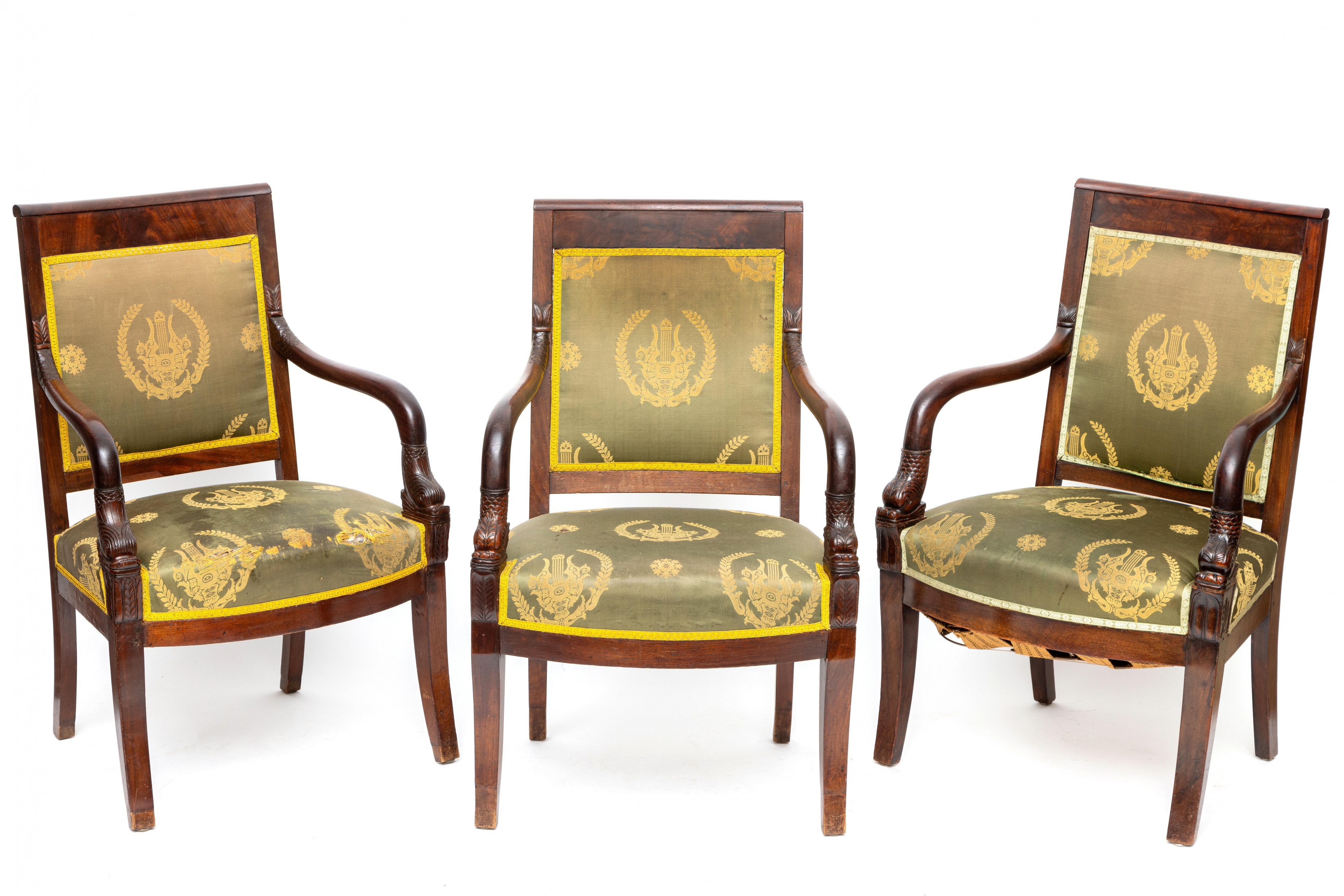 Mahoniehouten zitameublement van drie fauteuils en tweezitsbankbank, Empire, - Image 2 of 2