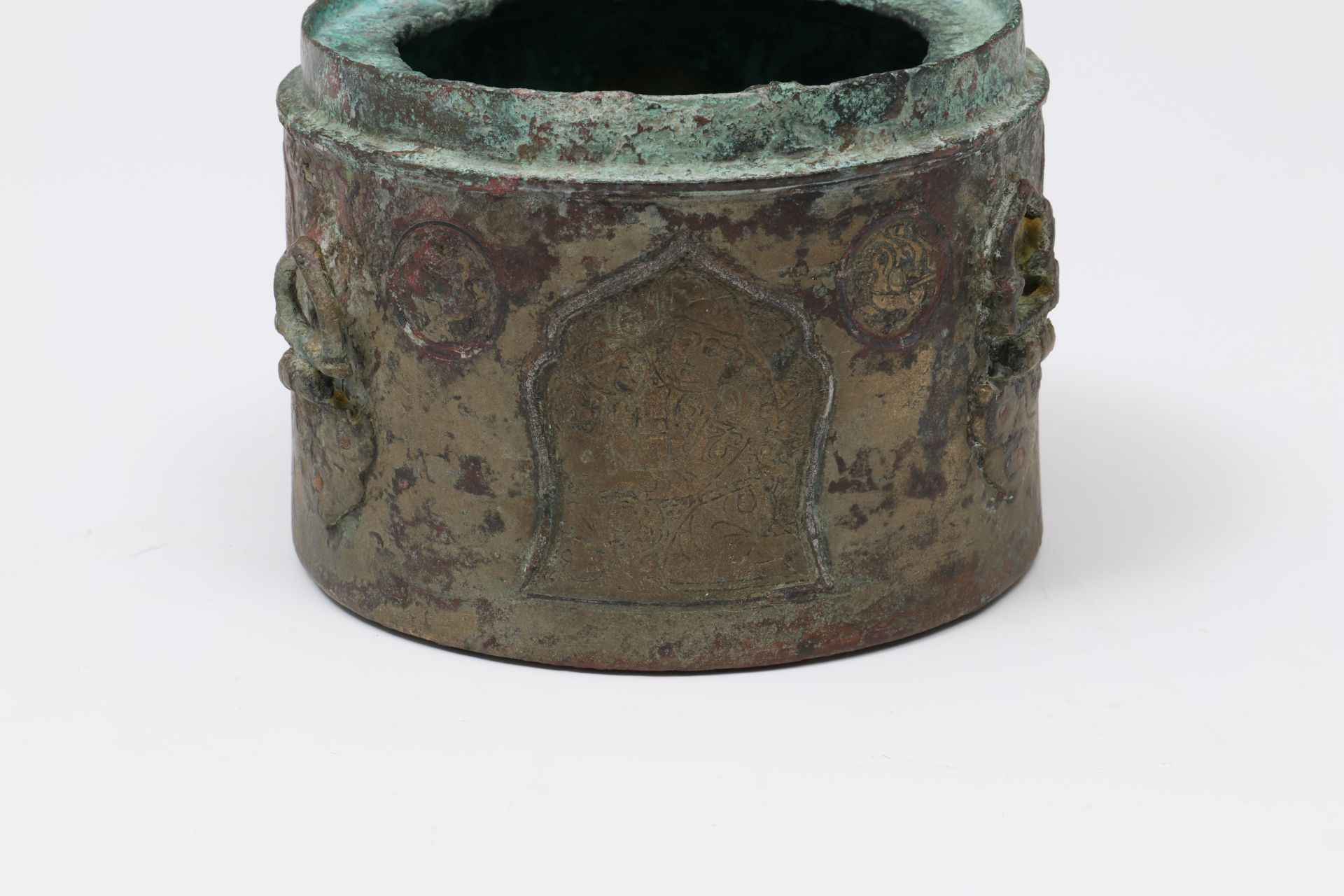Khurasan, silver inlaid bronze inkwell, davat, late 12th - early 13th century;
