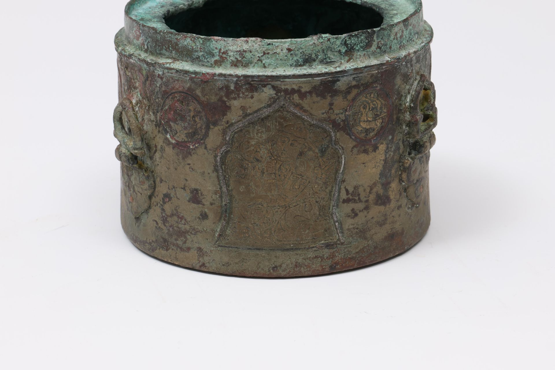 Bronze with silver inlay ink pot, davat, late 12th - early 13th century;