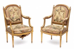 Paar verguld beukenhouten fauteuils, Louis XVI,