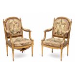 Paar verguld beukenhouten fauteuils, Louis XVI,