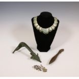 A antique bronze handle, a door nocker and a India necklace with enamel and a Egypt style beaded nec