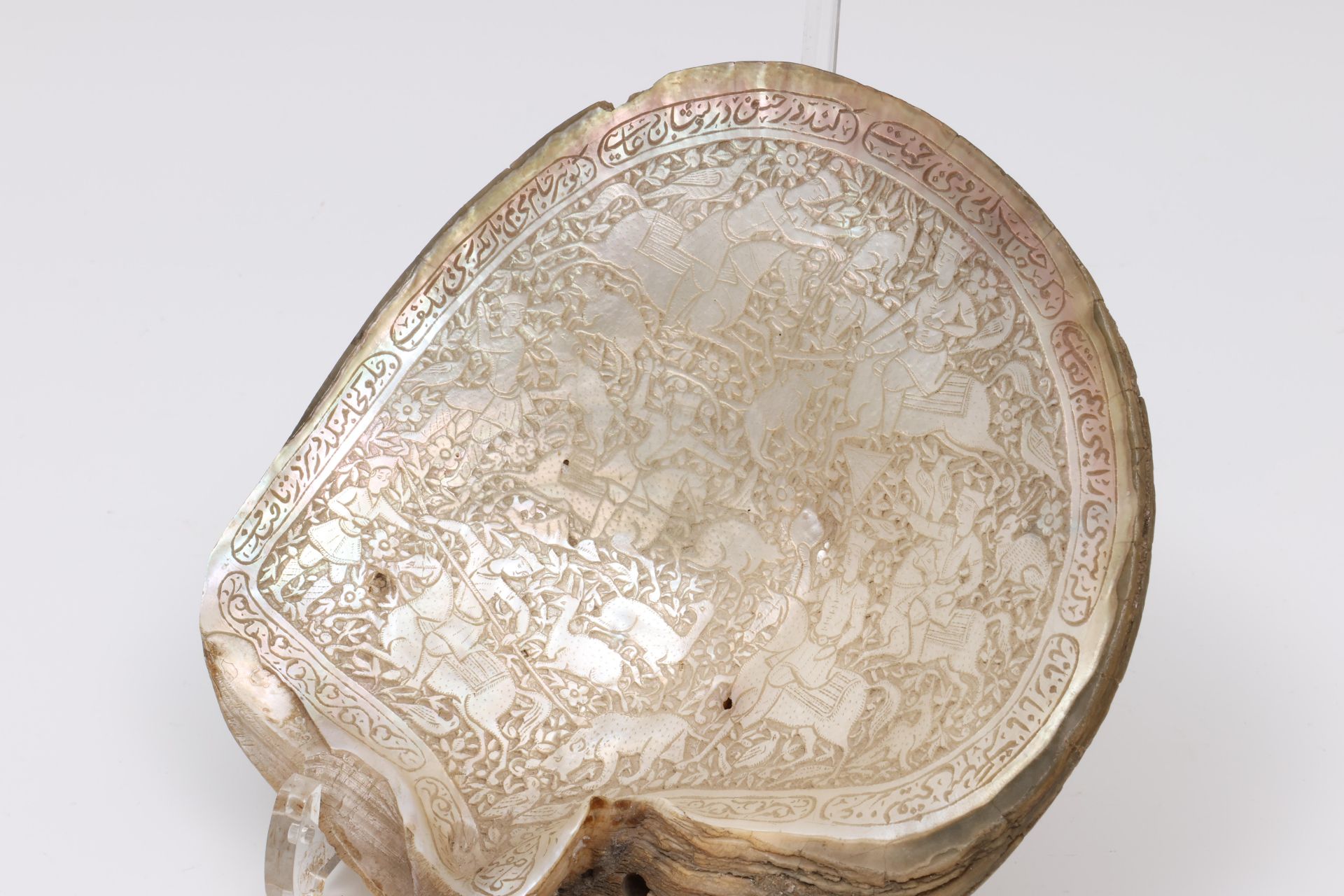 Iran, Qajar, a Qaylan enamel cup, 19th century and a mother of pearl decorated shell, ca. 1900; - Image 2 of 7