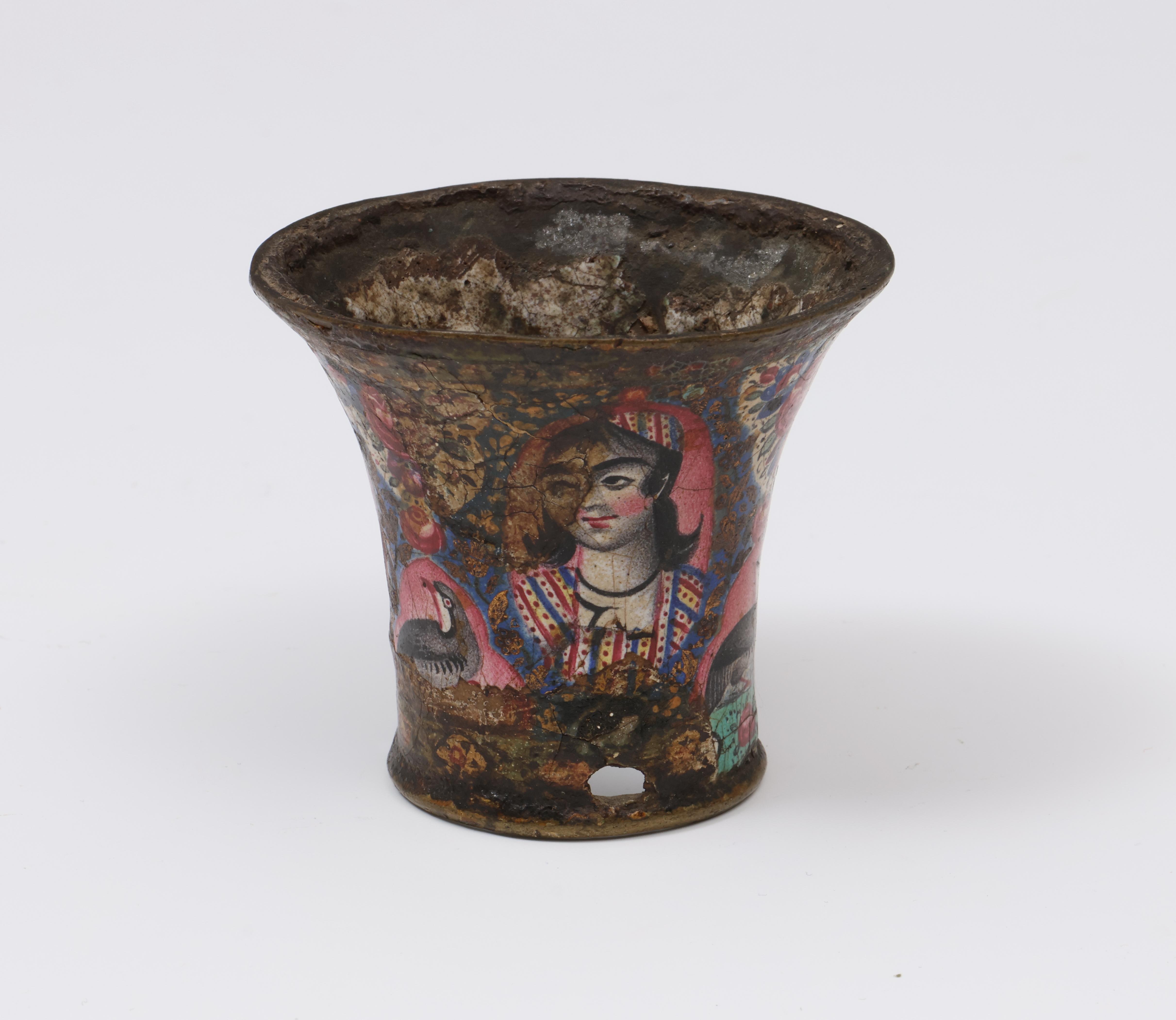 Iran, Qajar, a Qaylan enamel cup, 19th century and a mother of pearl decorated shell, ca. 1900; - Image 4 of 7