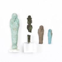 Egypt, two bleu faience Ushabti, a terracotta Ushabti and a bronze Osiris, Late Period.