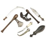 Five various African weapons and one Indo-Persian, curved knife;