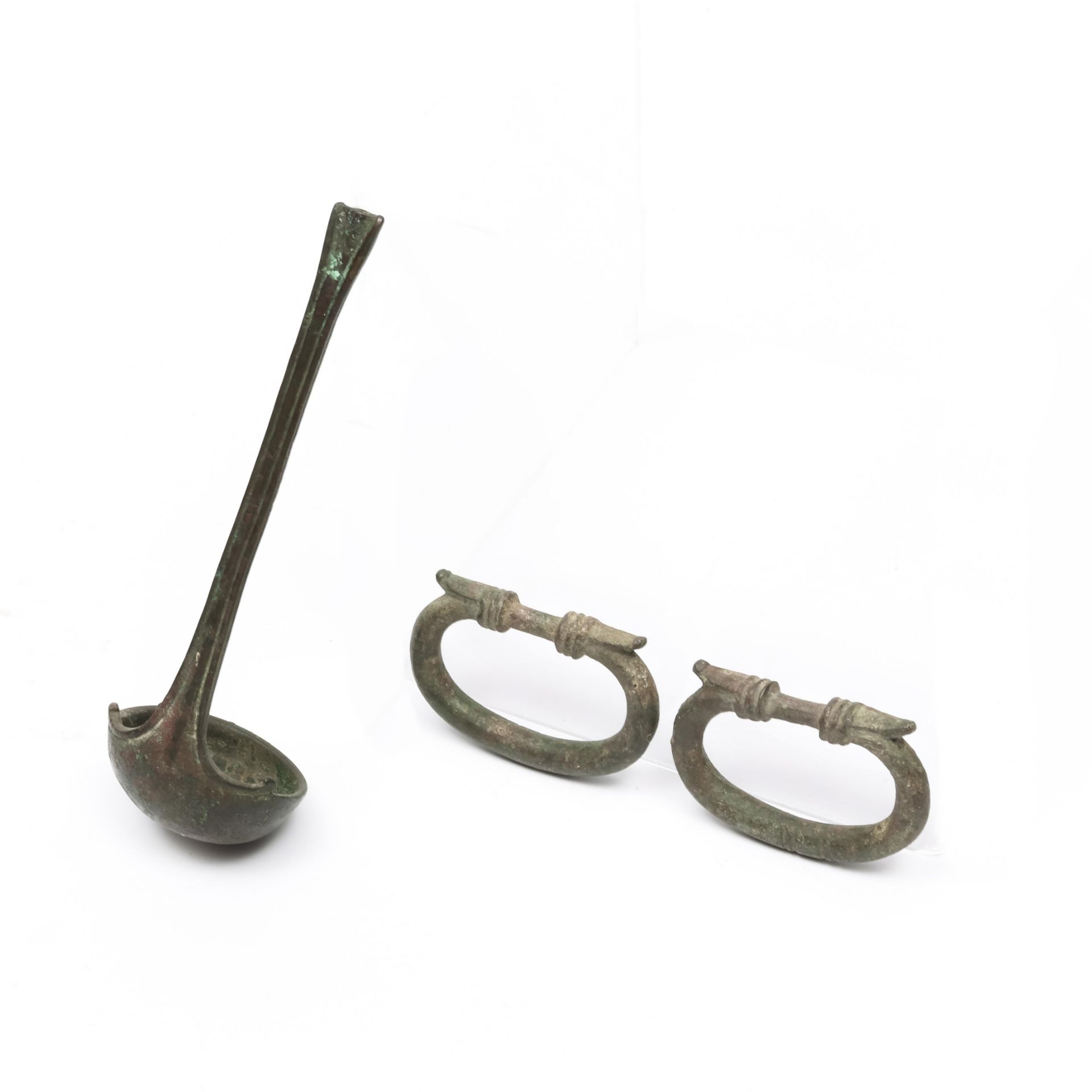 Roman bronze spoon and two bronze handles, ca. 3rd century AD; - Image 2 of 2