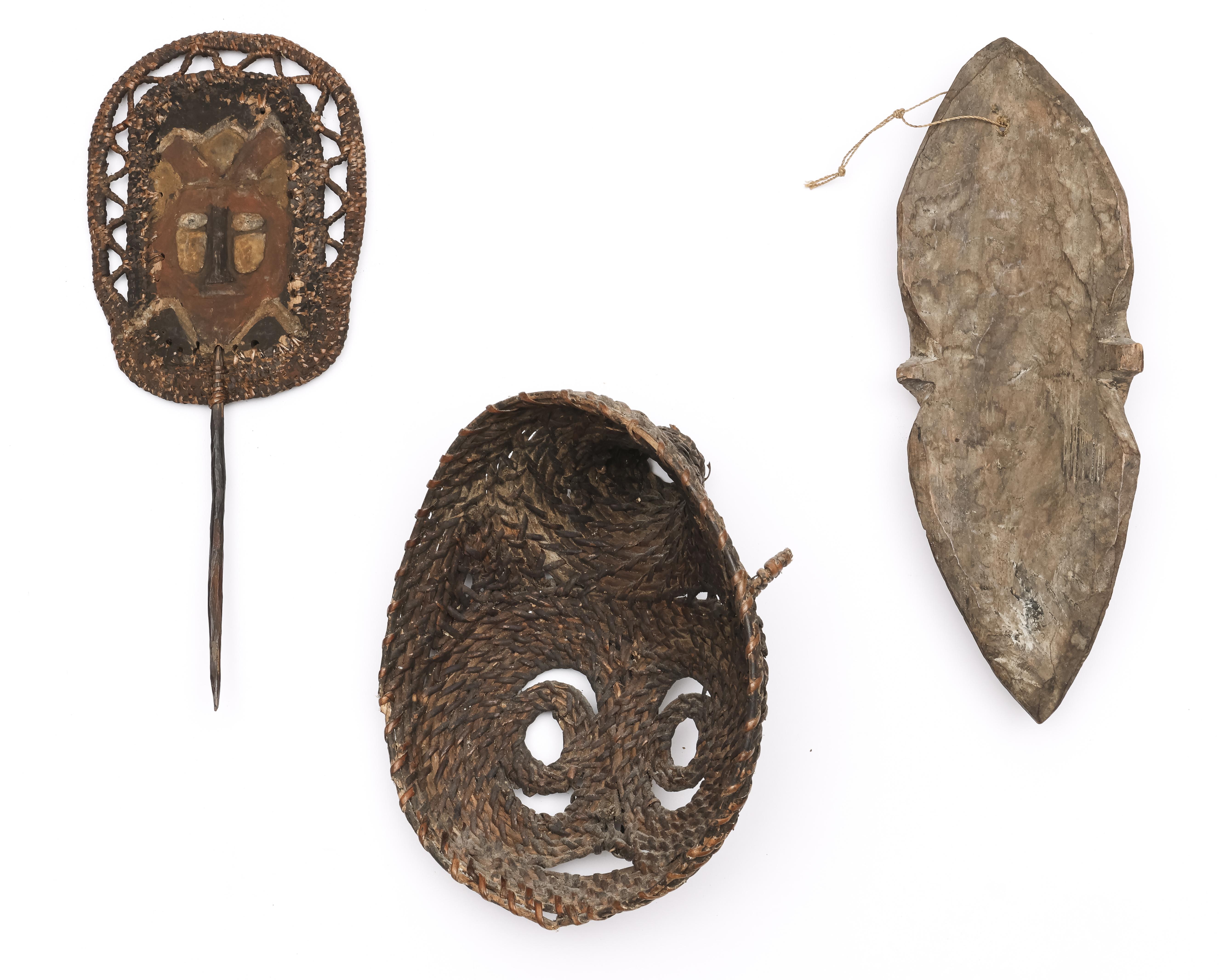 P.N. Guinea, Abelam, one polychrome wooden, coiled rattan and a combined wood and rattan yam mask. - Image 2 of 3