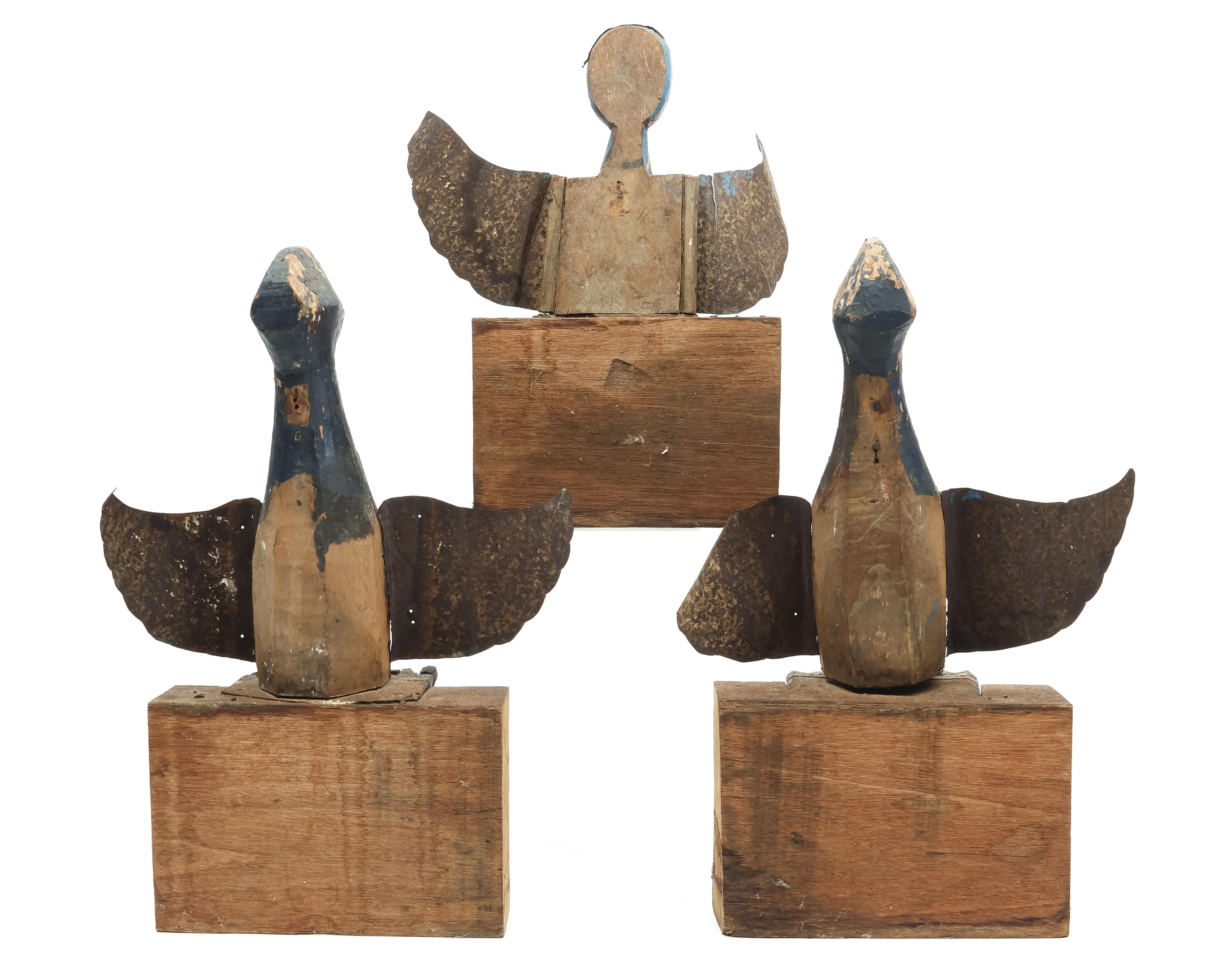 India, three painted wooden figures with metal wings on wooden stands. - Image 2 of 2