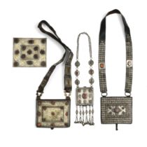 Turkmenistan, Tekke, three silver amulet container/ pendants, all silver, two with leather strap and
