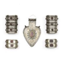 Turkmenistan, two pair silver armlets, one with ormolu and cornelians, the other with coloured stone