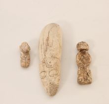 Haiti, Taino, a bone ritual spatula, a bone anthropomorphic amulet and figurine, ca. 1000-1500 AD.