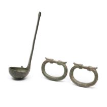 Roman bronze spoon and two bronze handles, ca. 3rd century AD;