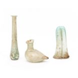 A Roman glass double balsamarium, a bird sprinkler and a long flask, 3r Century BC