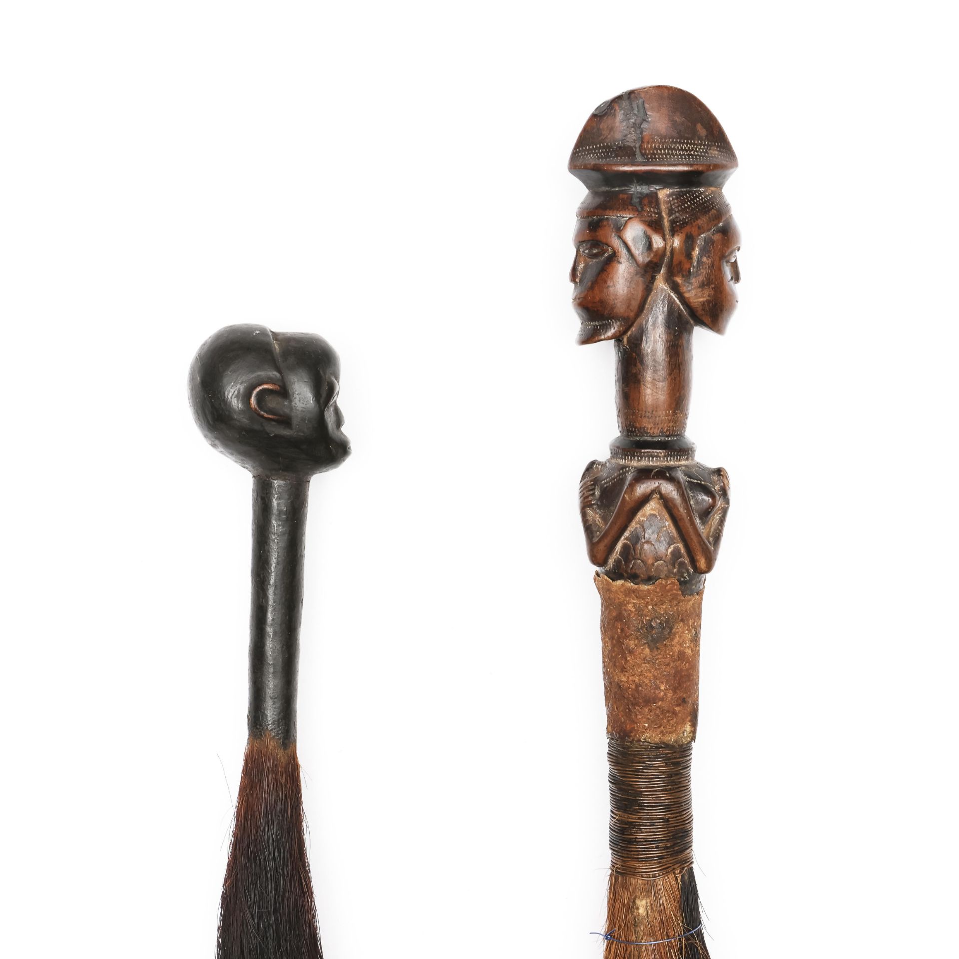 D.R. Congo, Teke, fly whisk, with a Janus-head, copper and horse hair; herewith another flywhisk. - Image 4 of 4