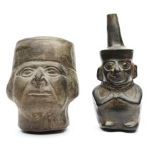 Peru, Chimu, a black terracotta stirrup vessel and a portrait beaker, 1100-1400 AD