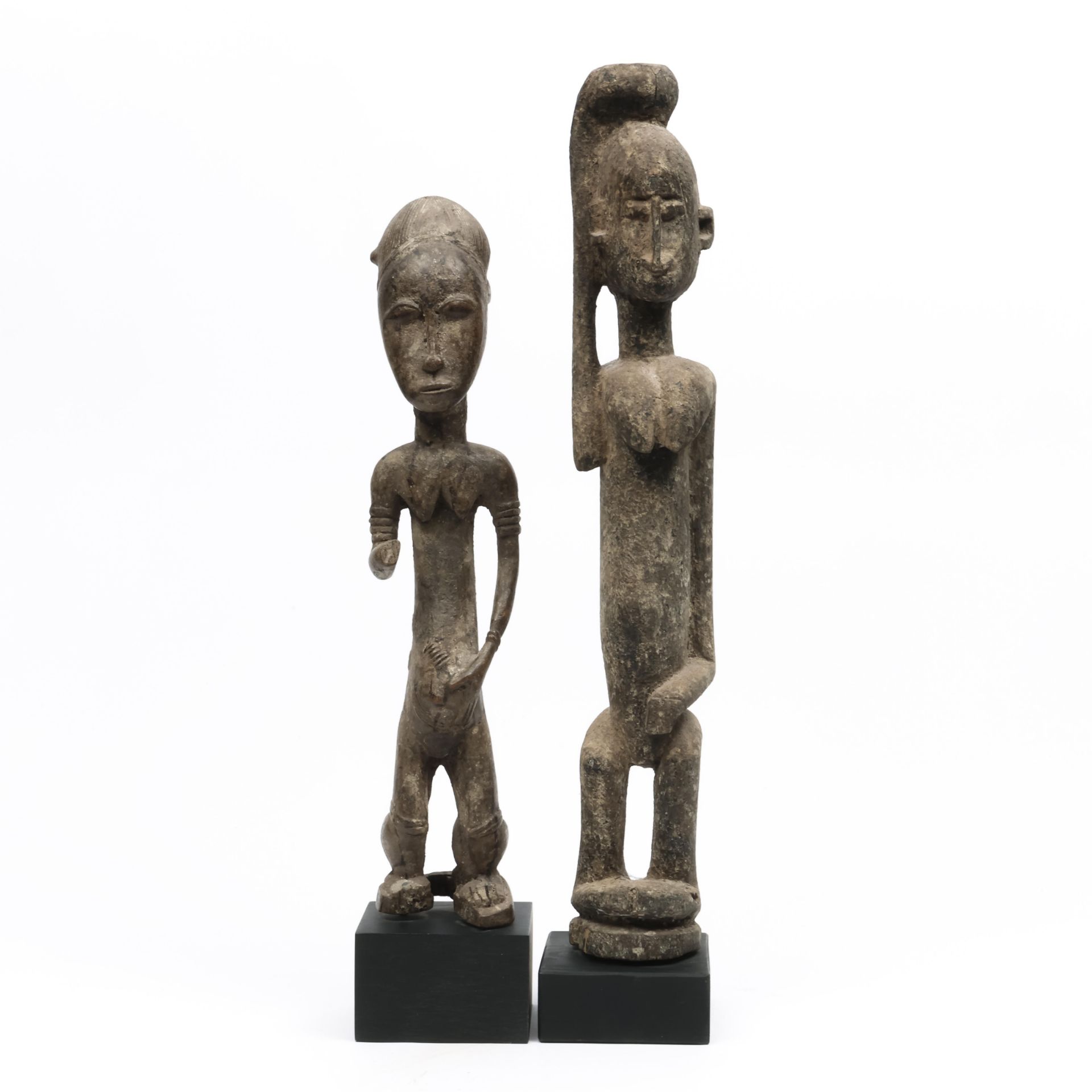 An African standing female figure with one arm missing and a wooden figure with one raised arm. - Image 2 of 2