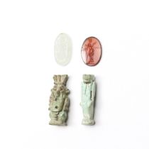 Egypte, two faiance amulets, Late Period and two glass cameo, one Romen Period, and one possibly lat