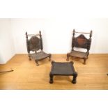 Pakistan, Swat Valley, two carved wooden low chairs and a stool,