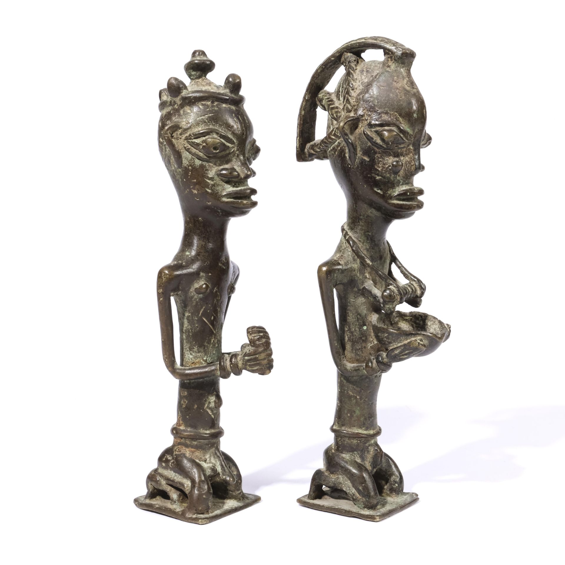 Nigeria, Yoruba, a pair of Ogboni Edan bronzes,