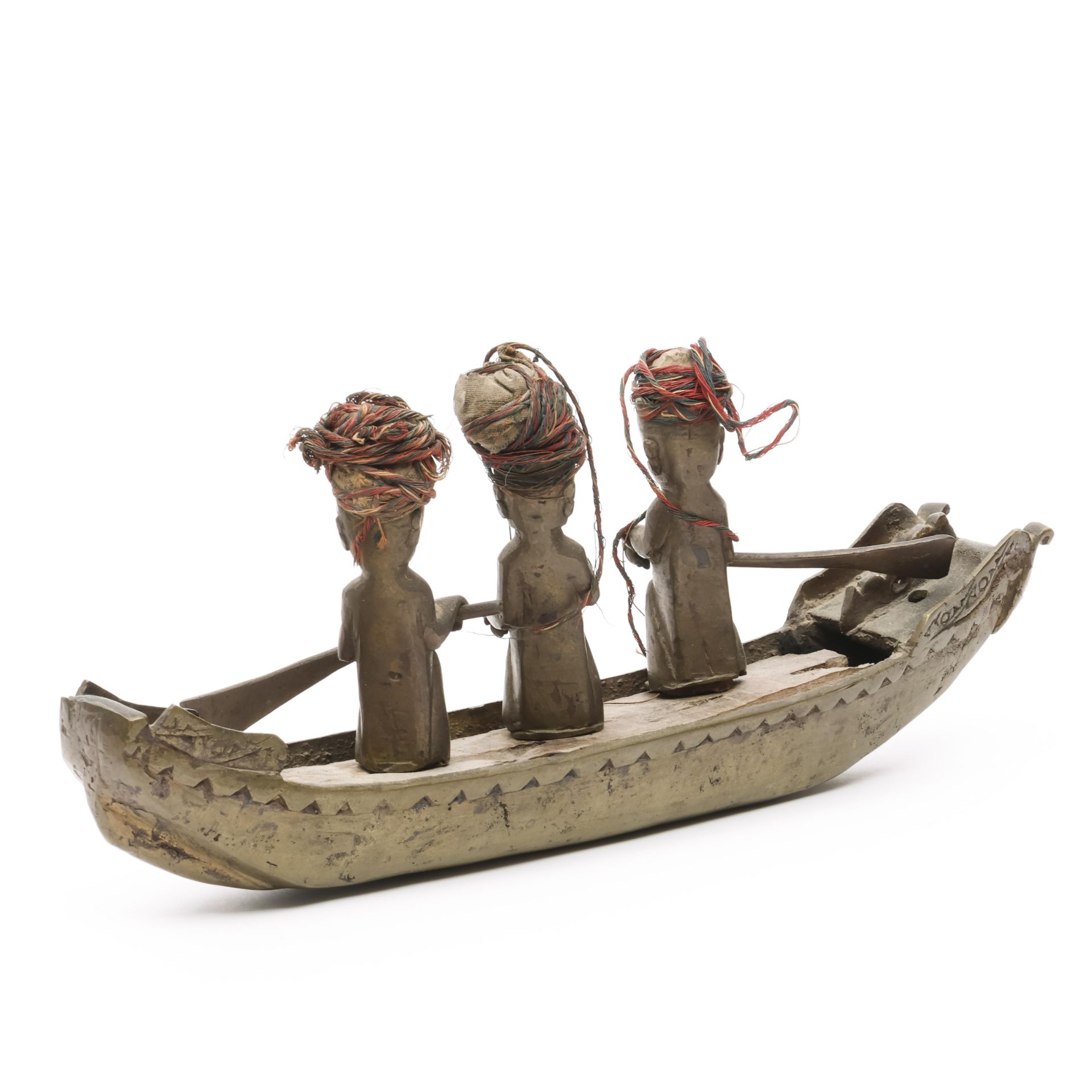 Sumatra, Batak, a bronze miniature boat with three ancestor figures, ca. 1900. - Image 2 of 2