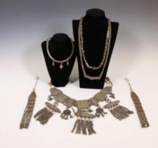Yemen, large silver alloy necklace with amulet holders, two alloy ear hangers and three various allo