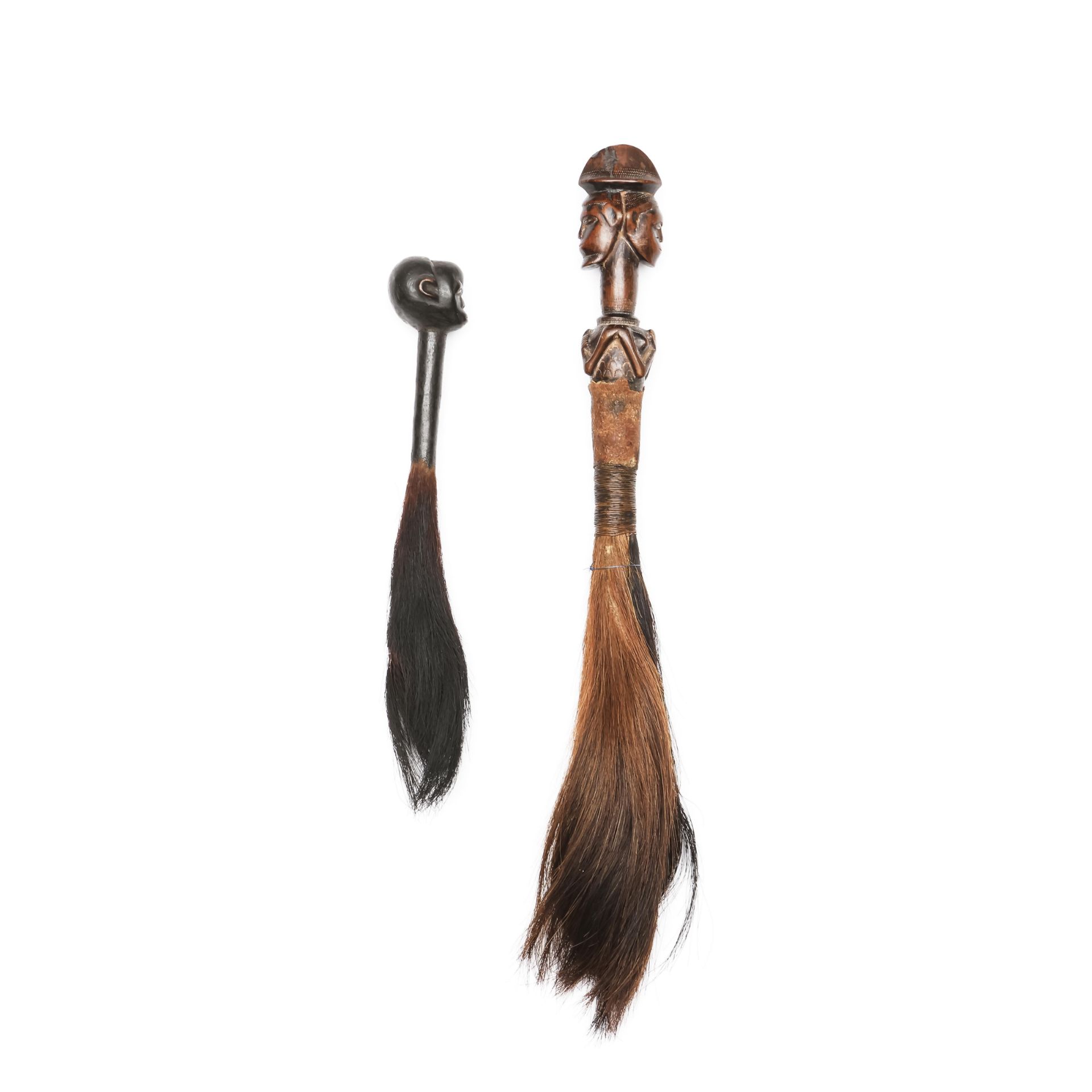 D.R. Congo, Teke, fly whisk, with a Janus-head, copper and horse hair; herewith another flywhisk. - Image 3 of 4