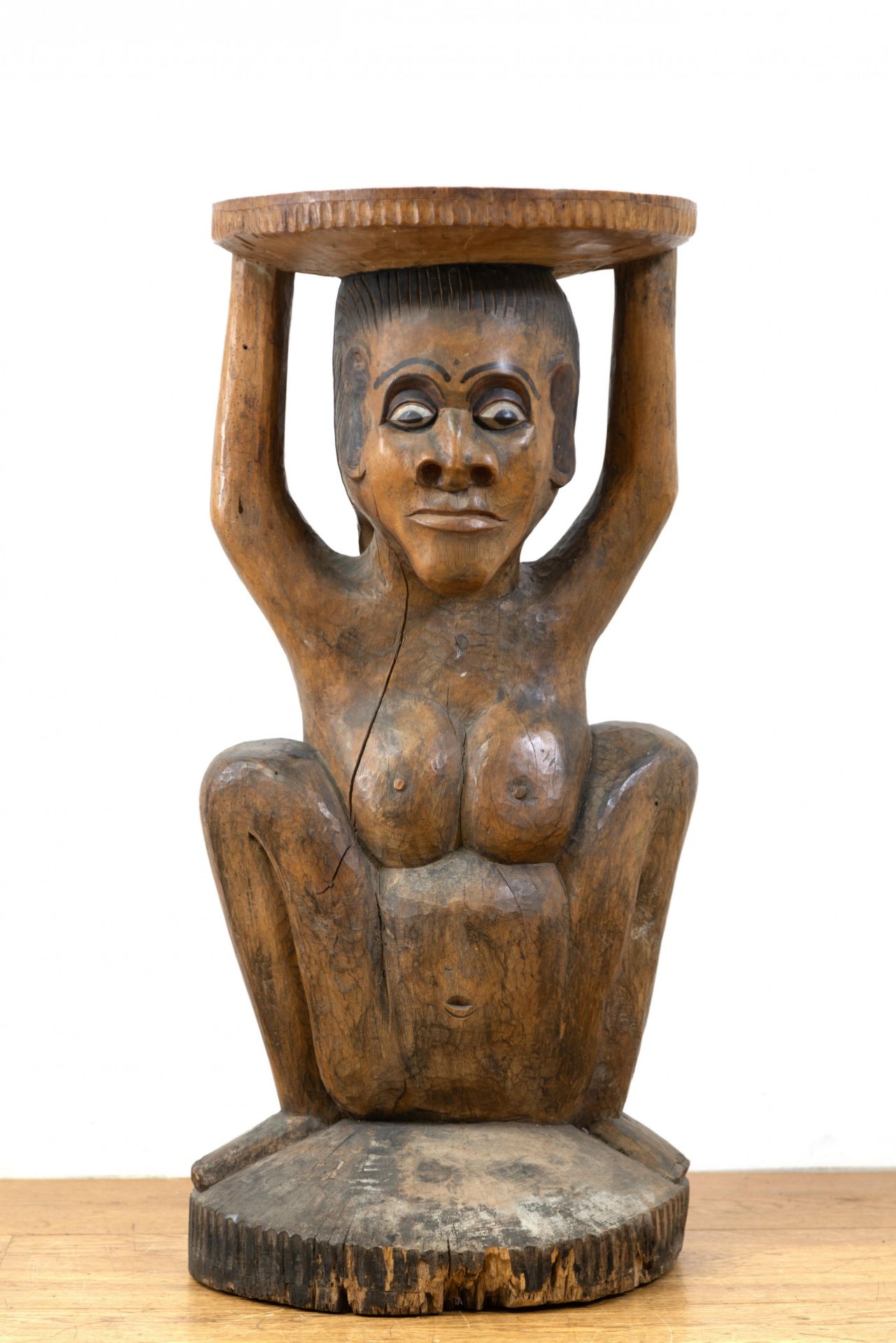 Indonesia, a large carved cariatide stool - Image 3 of 3