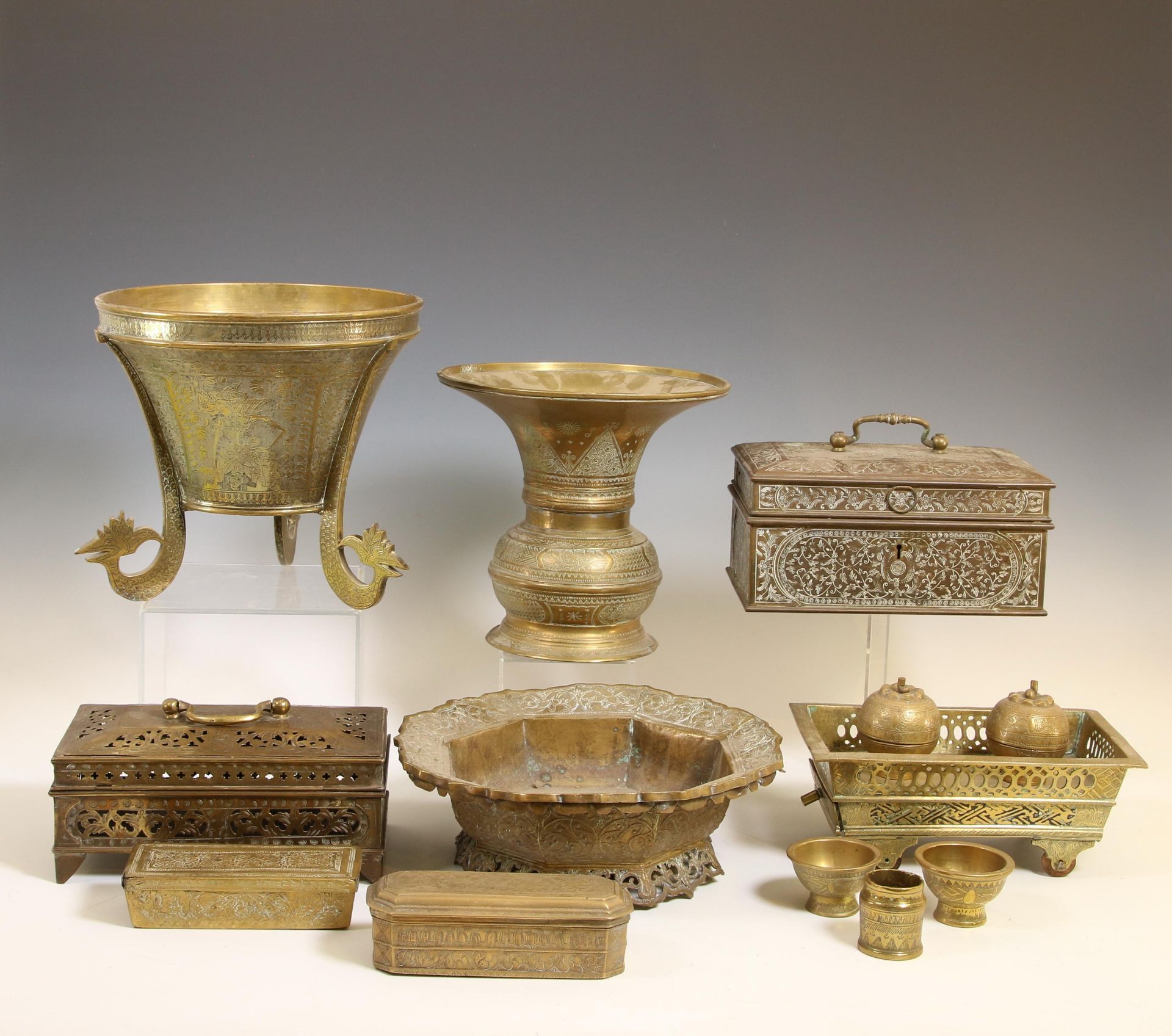 Sumatra-Java, a collection of copper alloy boxes and offering bowls;
