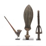 D.R. Congo, Kuba, a knife, herewith a Mossi flute and an African pipe with terracotta bowl..