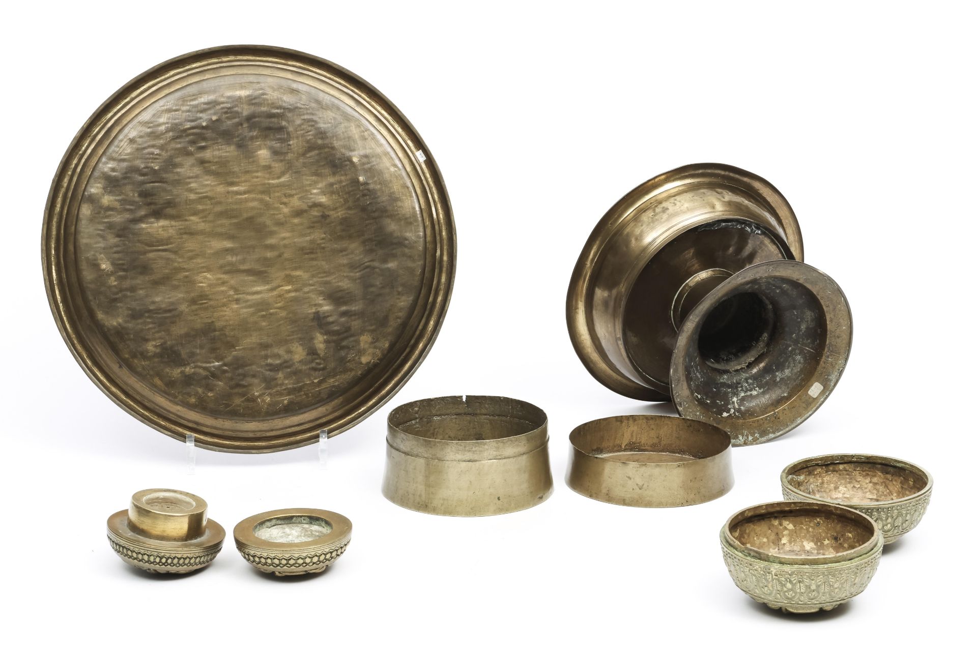 Sumatra, Minangkabau brass betel bowl, two brass lime containers, a diabolo shaped brass lidded box - Image 2 of 2