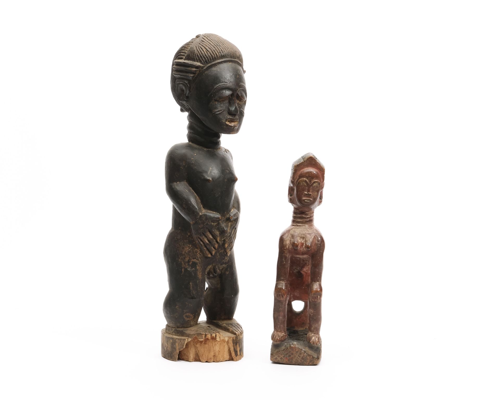Baule, a standing female figure and a seated female figure