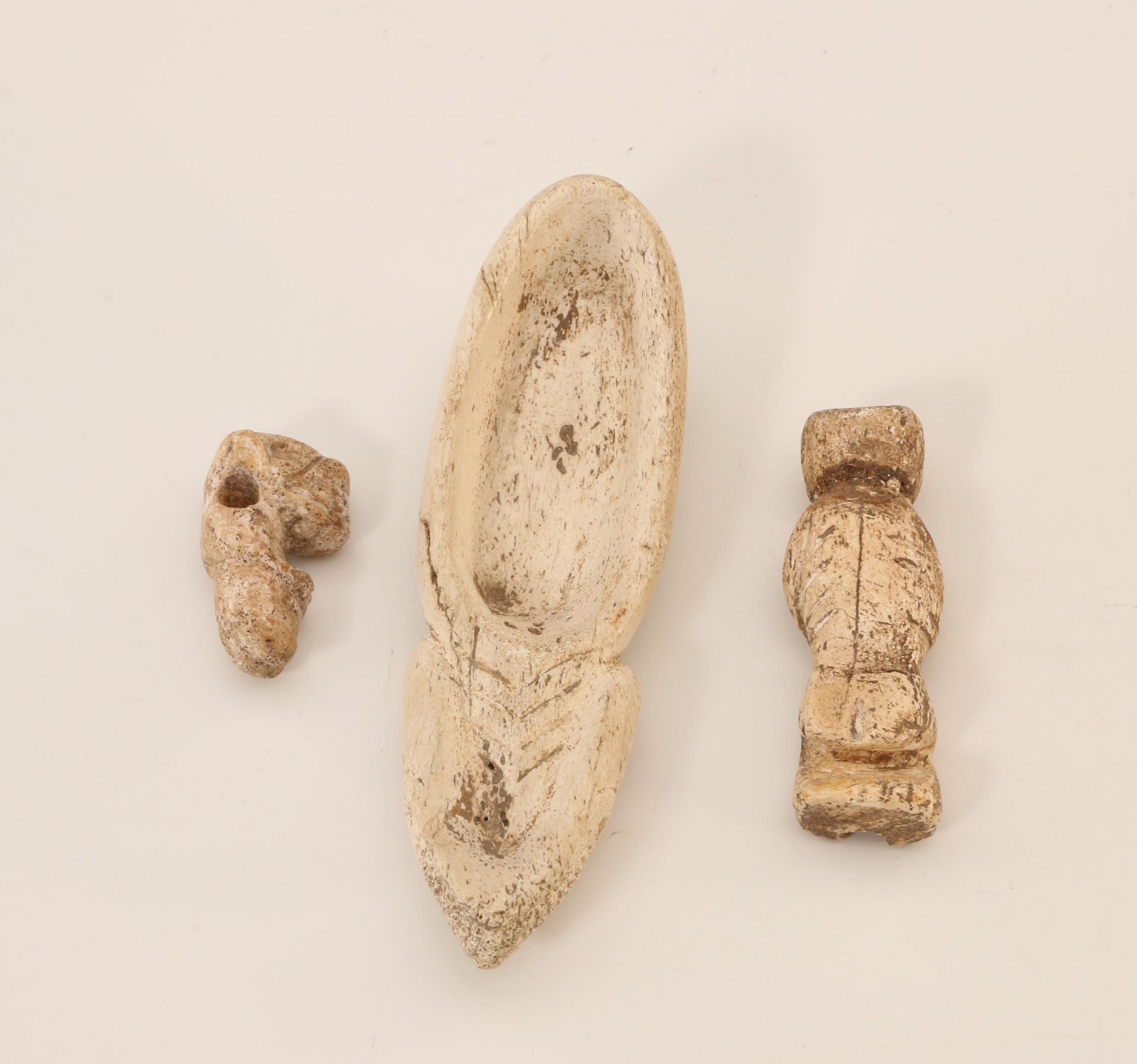 Haiti, Taino, a bone ritual spatula, a bone anthropomorphic amulet and figurine, ca. 1000-1500 AD. - Image 2 of 2