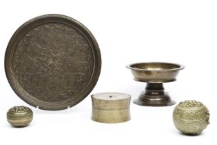 Sumatra, Minangkabau brass betel bowl, two brass lime containers, a diabolo shaped brass lidded box