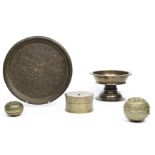 Sumatra, Minangkabau brass betel bowl, two brass lime containers, a diabolo shaped brass lidded box