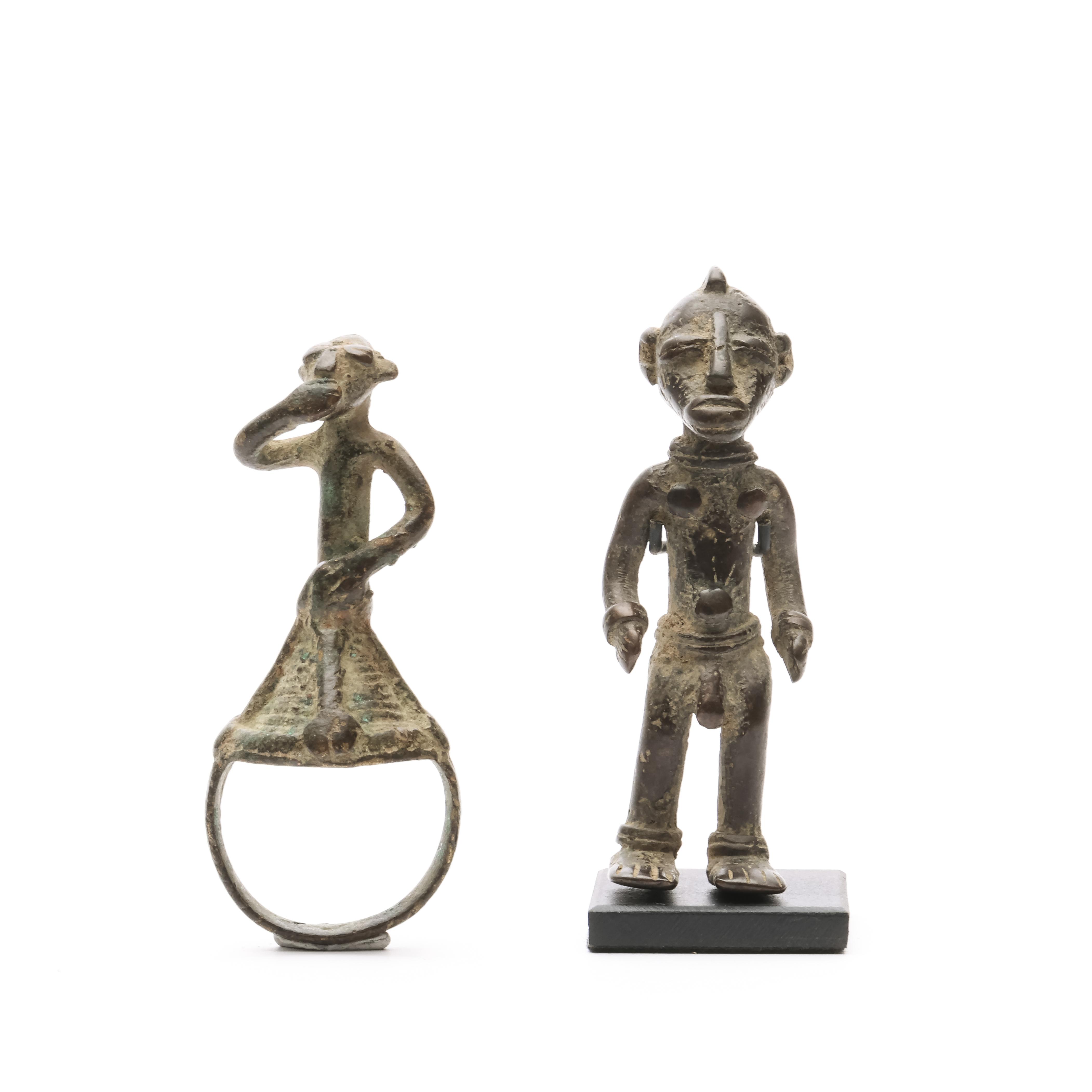 Ivory Coast, Senufo, copper alloy standing male figure and a Burkina Faso, copper alloy ring