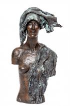 Karel Zijlstra (geb. 1958), bruin/groen gepatineerd bronzen buste van vrouw met gedrapeerde doek, ca