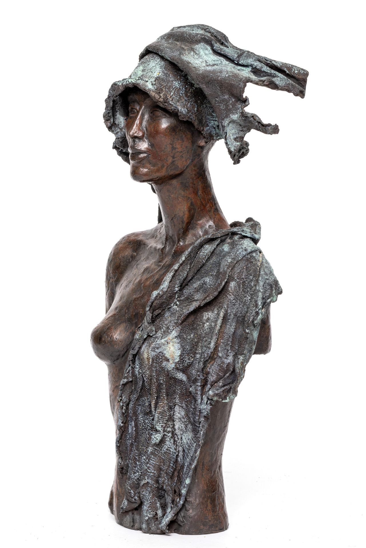 Karel Zijlstra (geb. 1958), bruin/groen gepatineerd bronzen buste van vrouw met gedrapeerde doek, ca - Image 2 of 5
