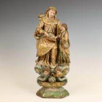 Italië, houten gestoken en gepolychromeerde sculptuur van de heilige Anna en Maria. 19e eeuw.