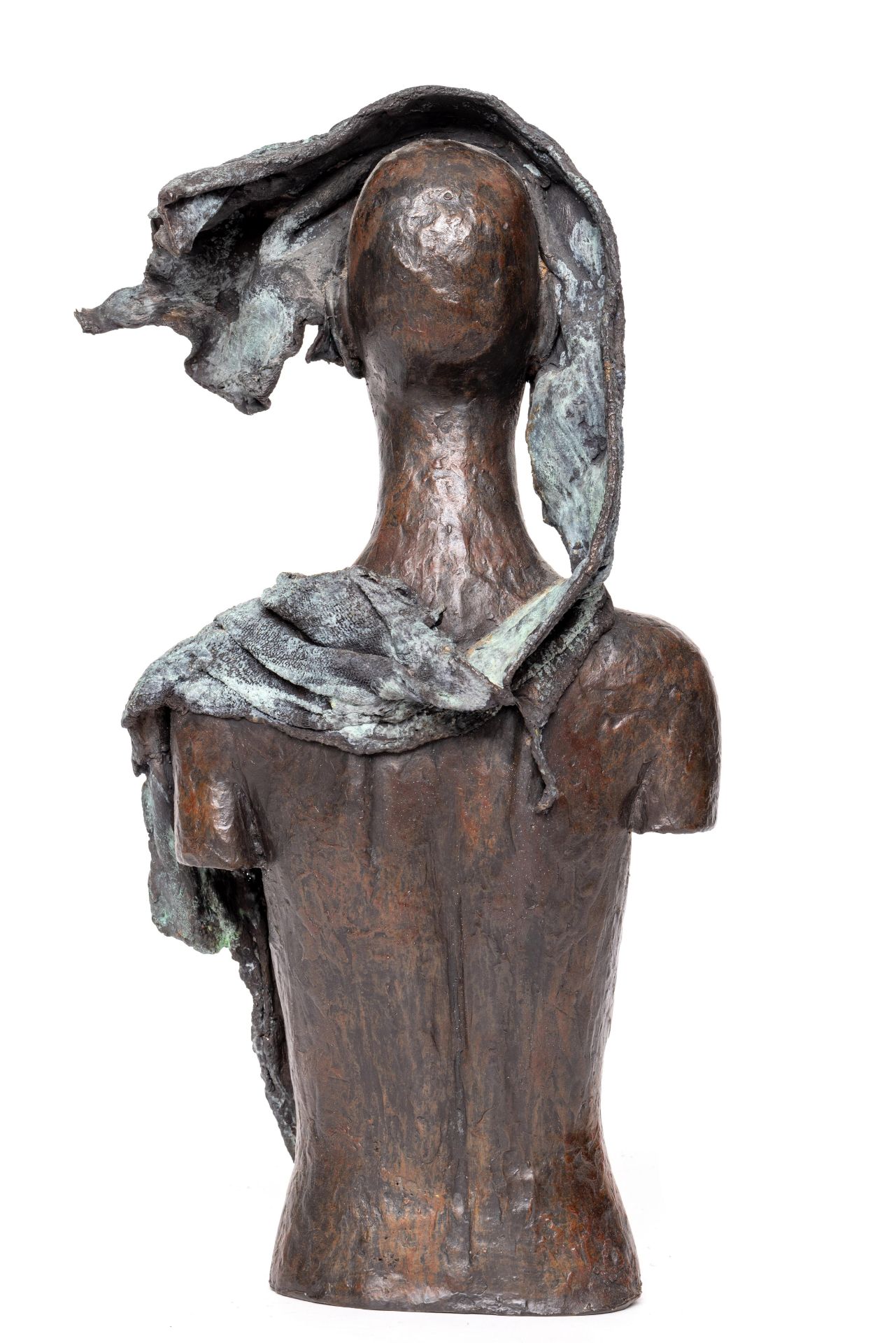 Karel Zijlstra (geb. 1958), bruin/groen gepatineerd bronzen buste van vrouw met gedrapeerde doek, ca - Image 3 of 5