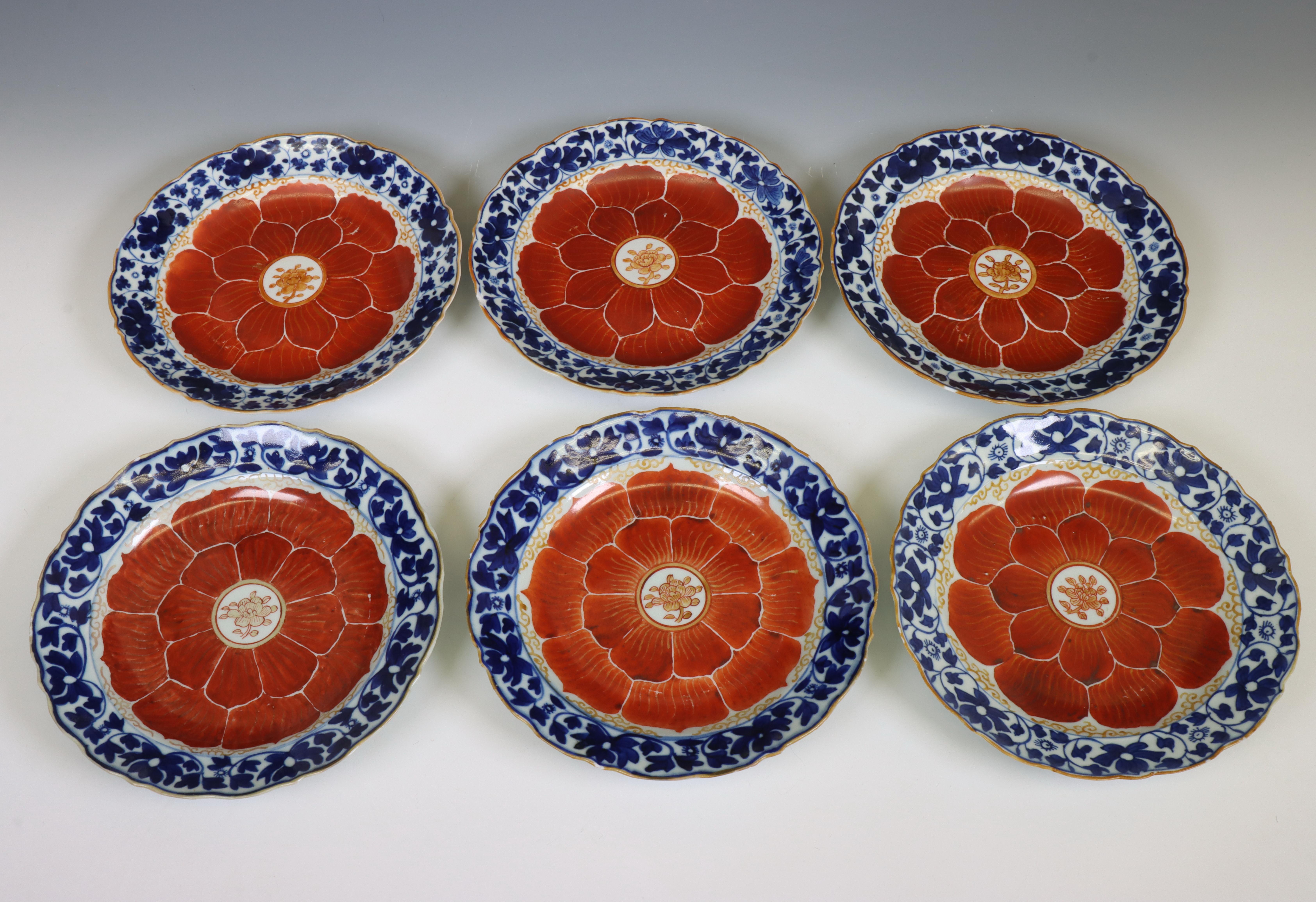 China, set of six blue and white and iron-red porcelain 'lotus' plates, late 18th/ 19th century, - Image 4 of 4