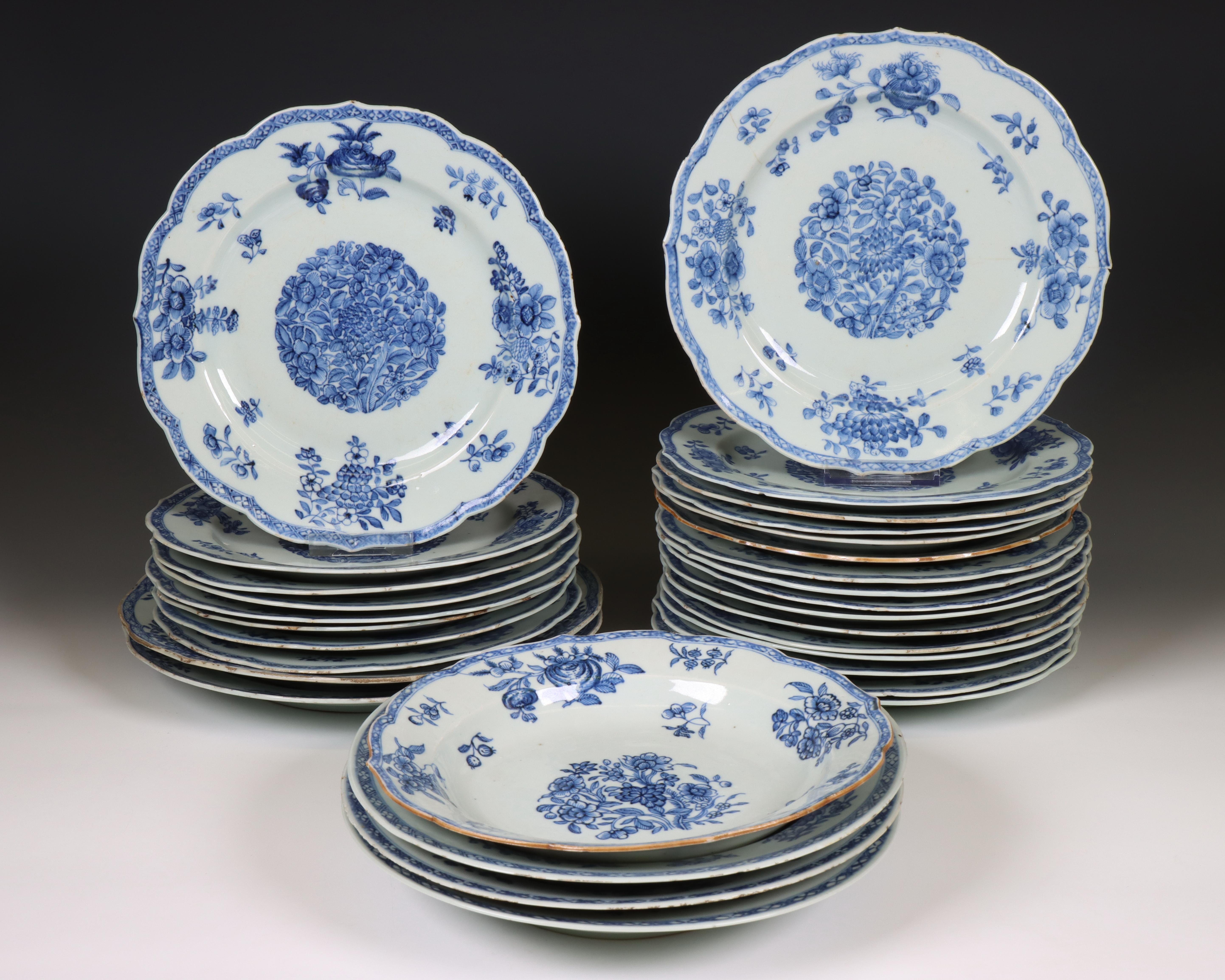 China, a composite blue and white porcelain part 'peony and pomegranate' dinner service, Qianlong pe
