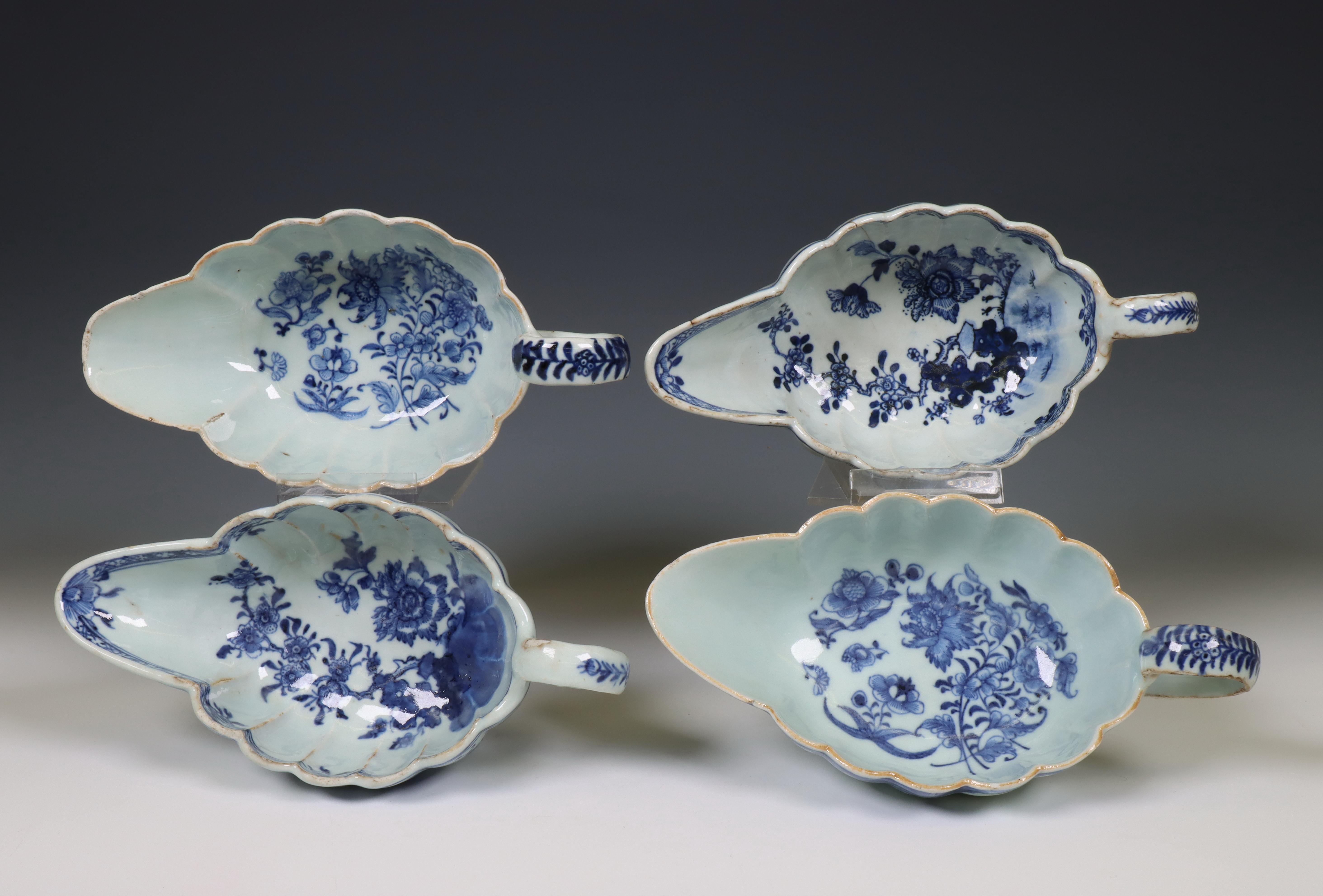 China, a set of three and a single blue and white porcelain sauce-boat, Qianlong period (1736-1795),