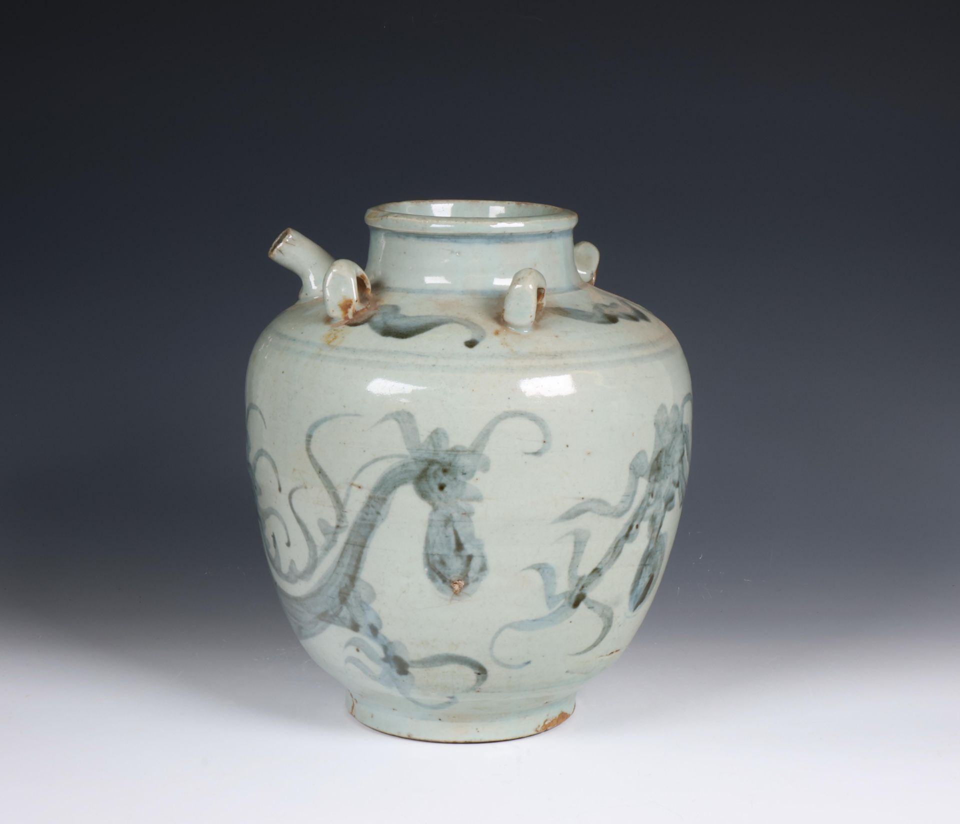 China, blue and white glazed earthenware jug, 20th century,