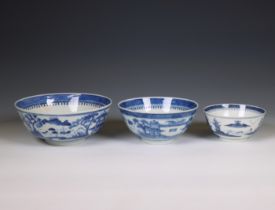 China, three Canton blue and white porcelain bowls, 19th-20th century,