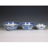 China, three Canton blue and white porcelain bowls, 19th-20th century,