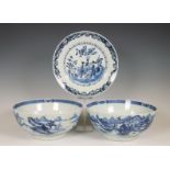 China, a pair of blue and white porcelain bowls and a dish, late 18th century,