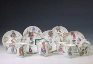 China, a collection of famille rose porcelain 'Wu Shuang Pu' cups, covers and saucers, 19th century,