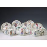 China, a collection of famille rose porcelain 'Wu Shuang Pu' cups, covers and saucers, 19th century,